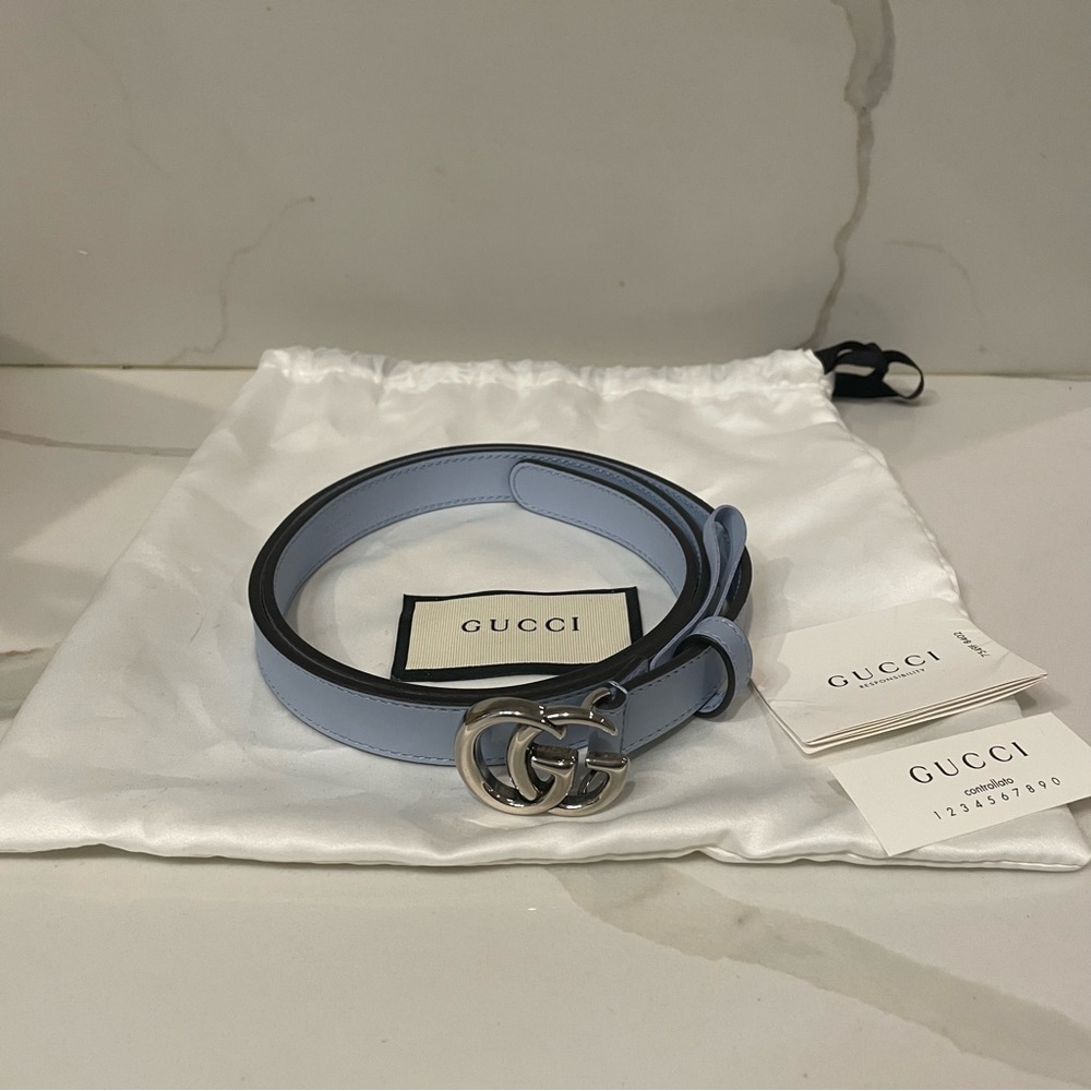 Blue Leather Gucci Marmont Slim Belt with Silver Buckle